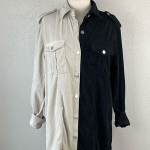 NWTO Jeans Womens Corduroy Half Cream and Half Black Long Sleeve Button Down L